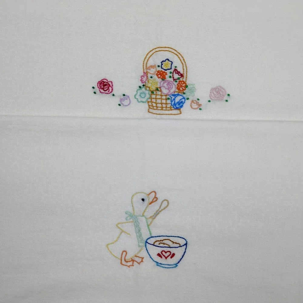Vintage Embroidered Kitchen Towel Set (5) Floral Fruits Cross Stitch LARGE 21x36